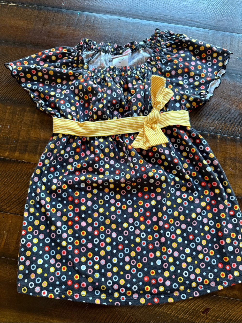 Girls Black Polka Dot Dress with Yellow Bow Belt- 6T bitty baby (American girl)